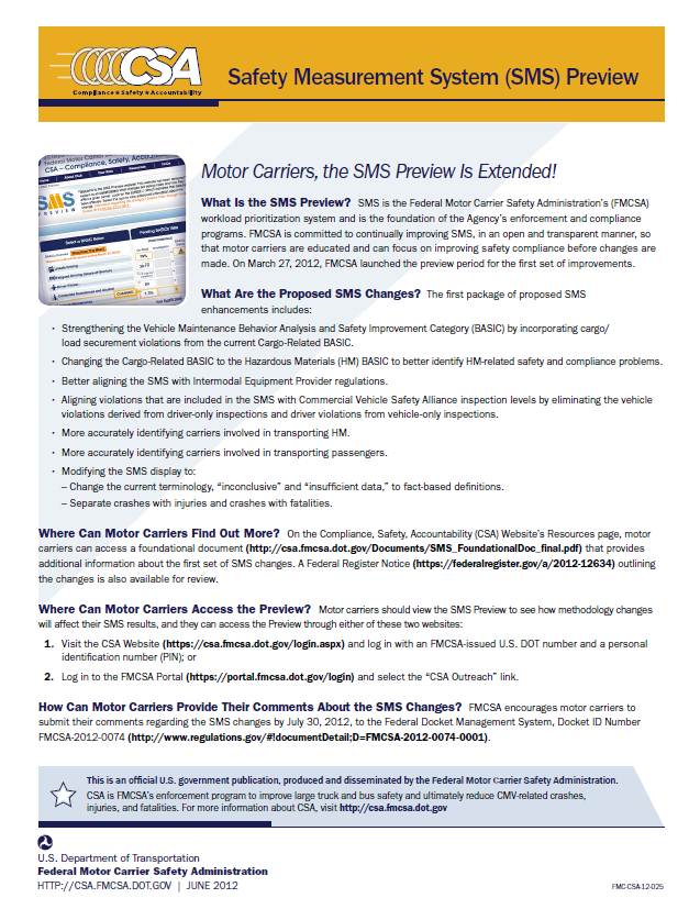 Safety Measurement System (SMS) Preview Handout for Motor Carriers